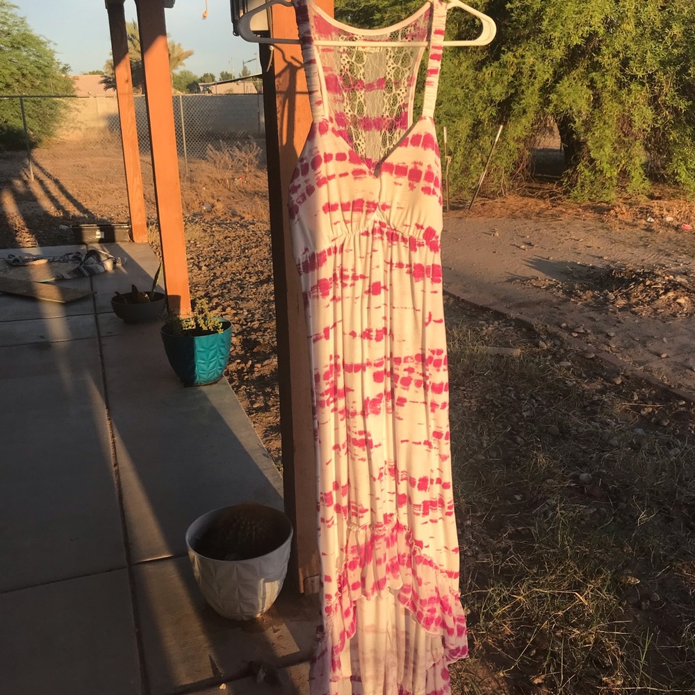 Cream and Pink Tie-Dye Maxi Dress with Lace Back